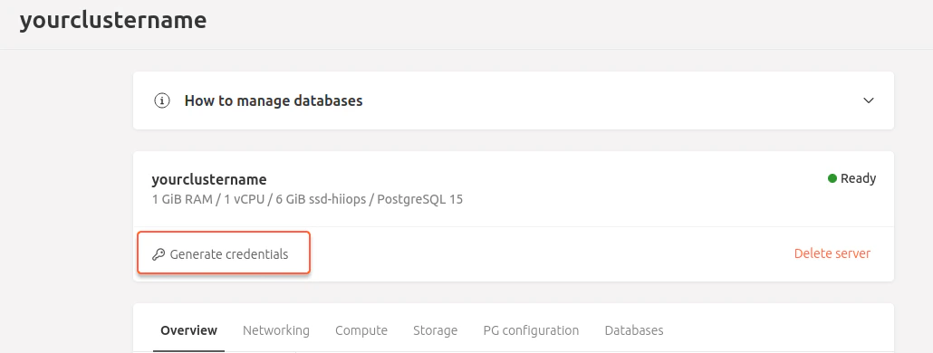 manage postgresql generate credentials
