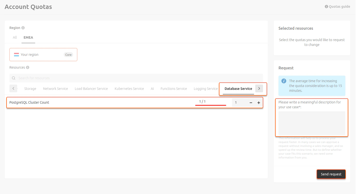 manage postgresql send quotas request