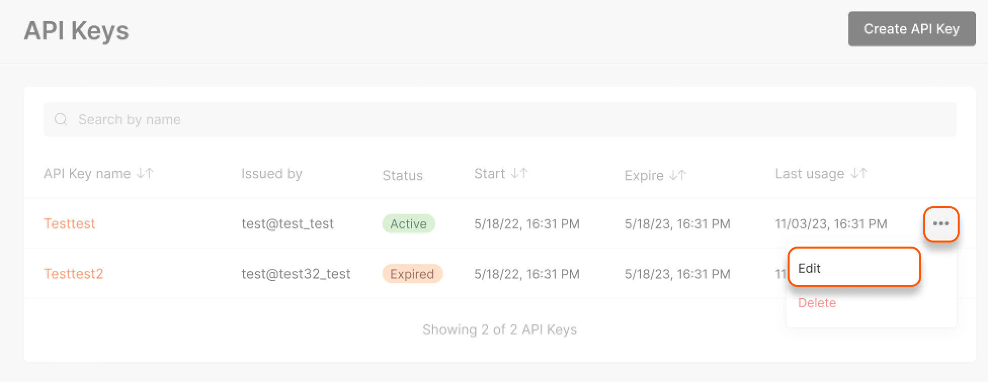 Edit API key settings