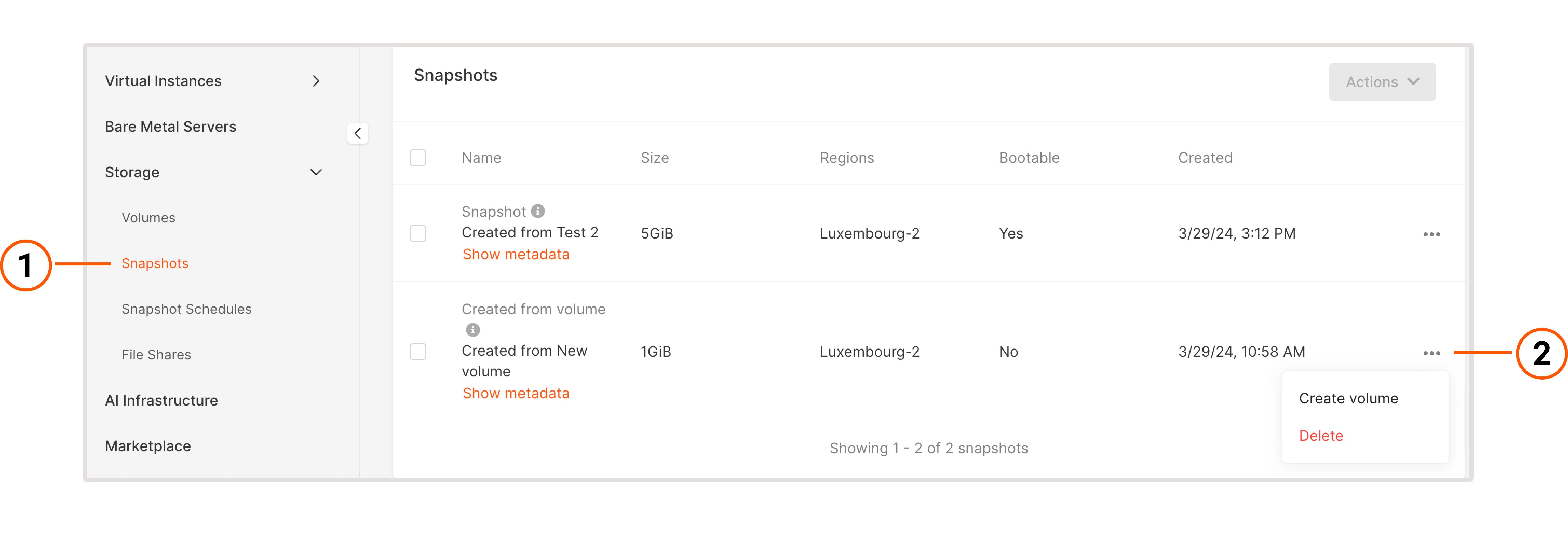 Snapshots tab with expanded settings menu