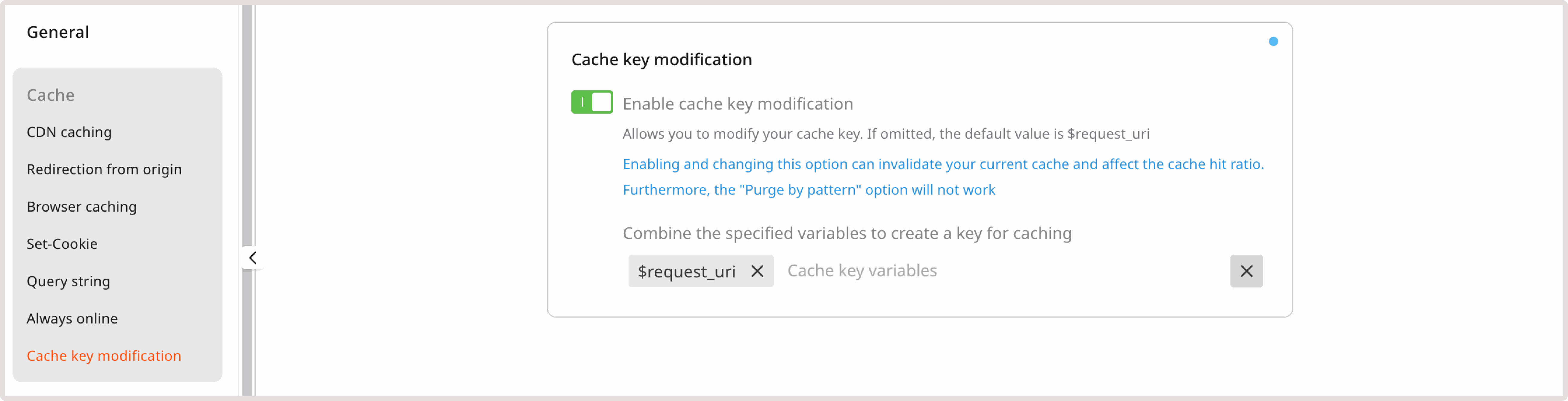 Cache key modification settings