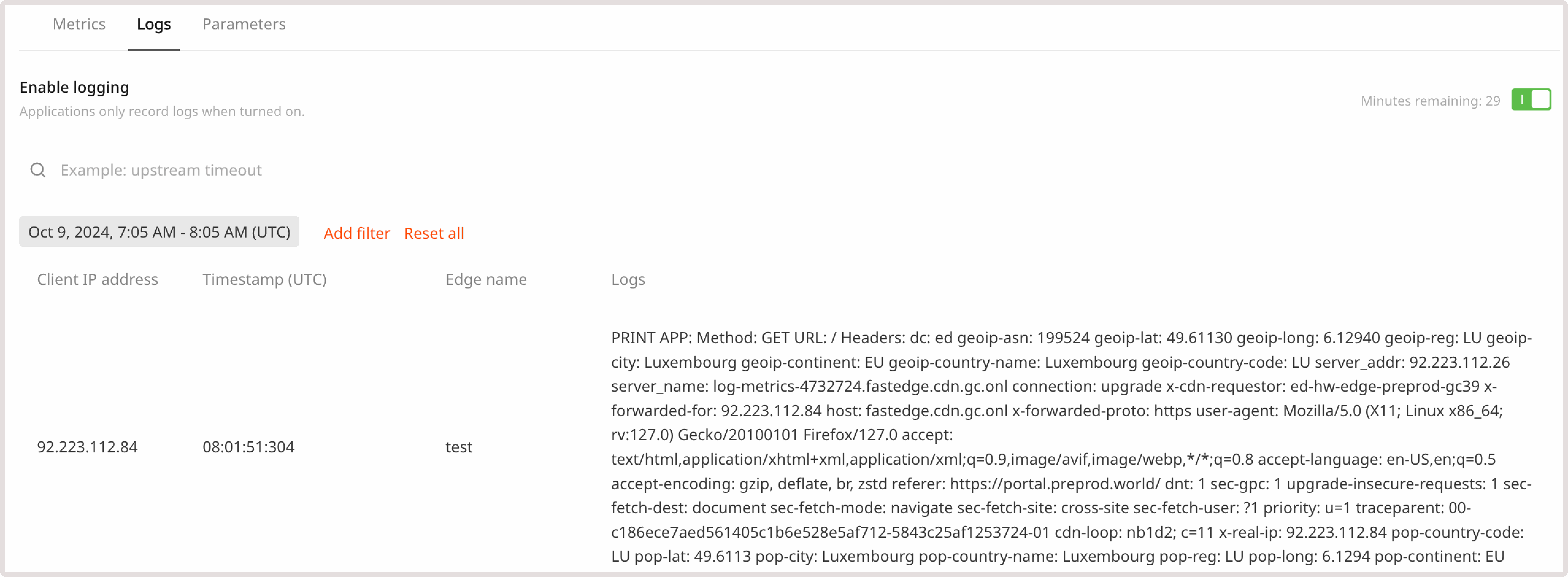 FastEdge appl page with logging tab
open