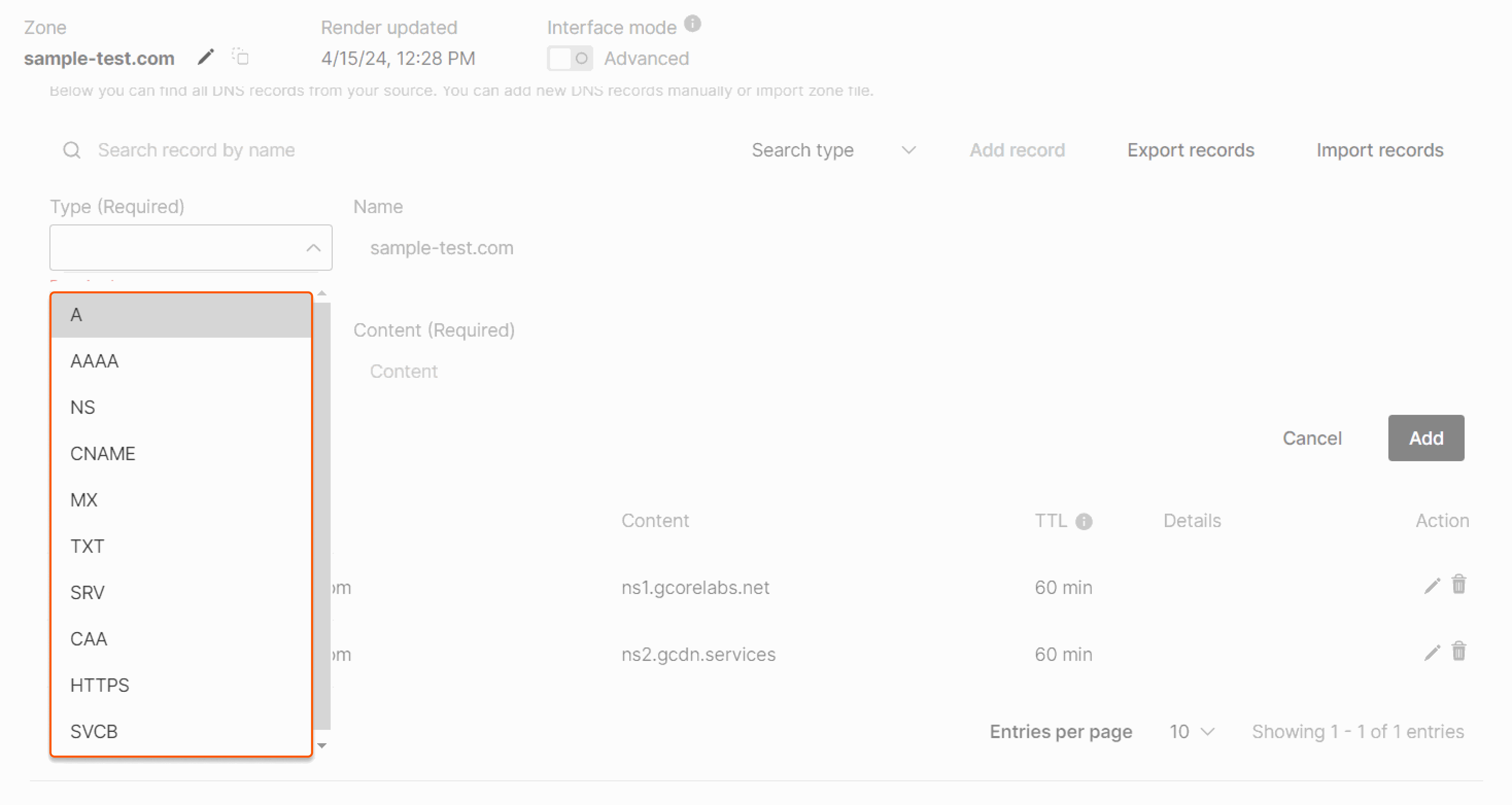 Supported DNS record types