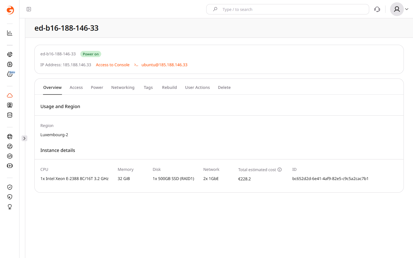 Bare Metal server detail page with tabs Overview, Access, Power, Networking, Tags, Rebuild, User Actions, Delete