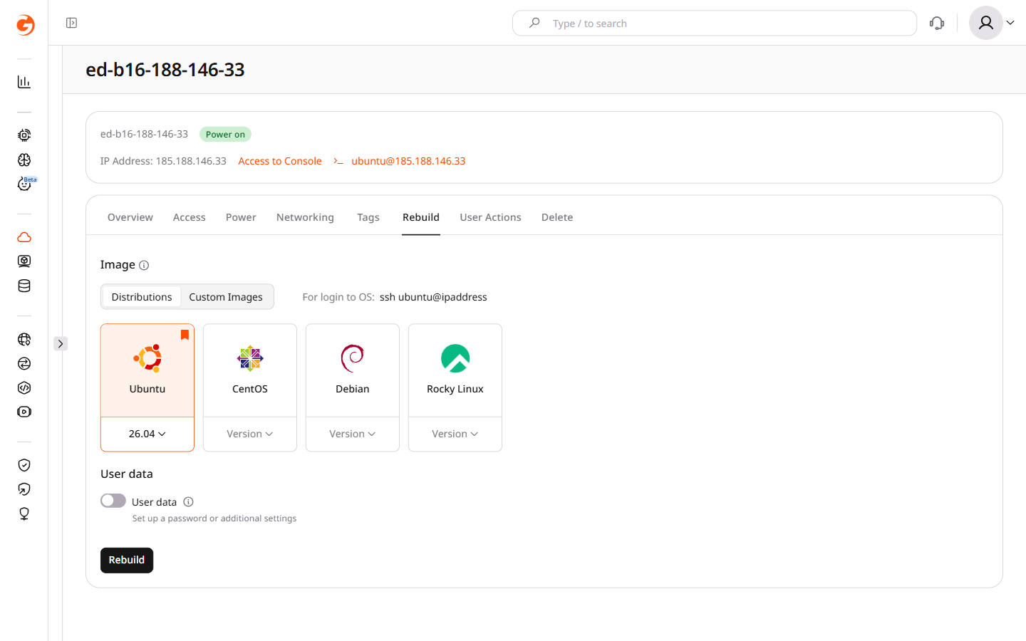 Rebuild tab showing OS image selection with Ubuntu, CentOS, Debian, and Rocky Linux options
