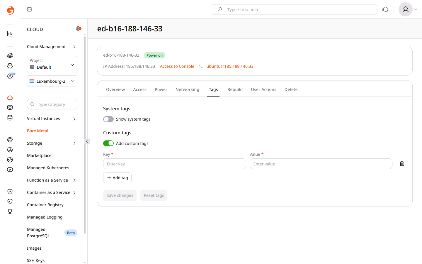 Tags tab with Add custom tags toggle enabled, showing Key and Value input fields