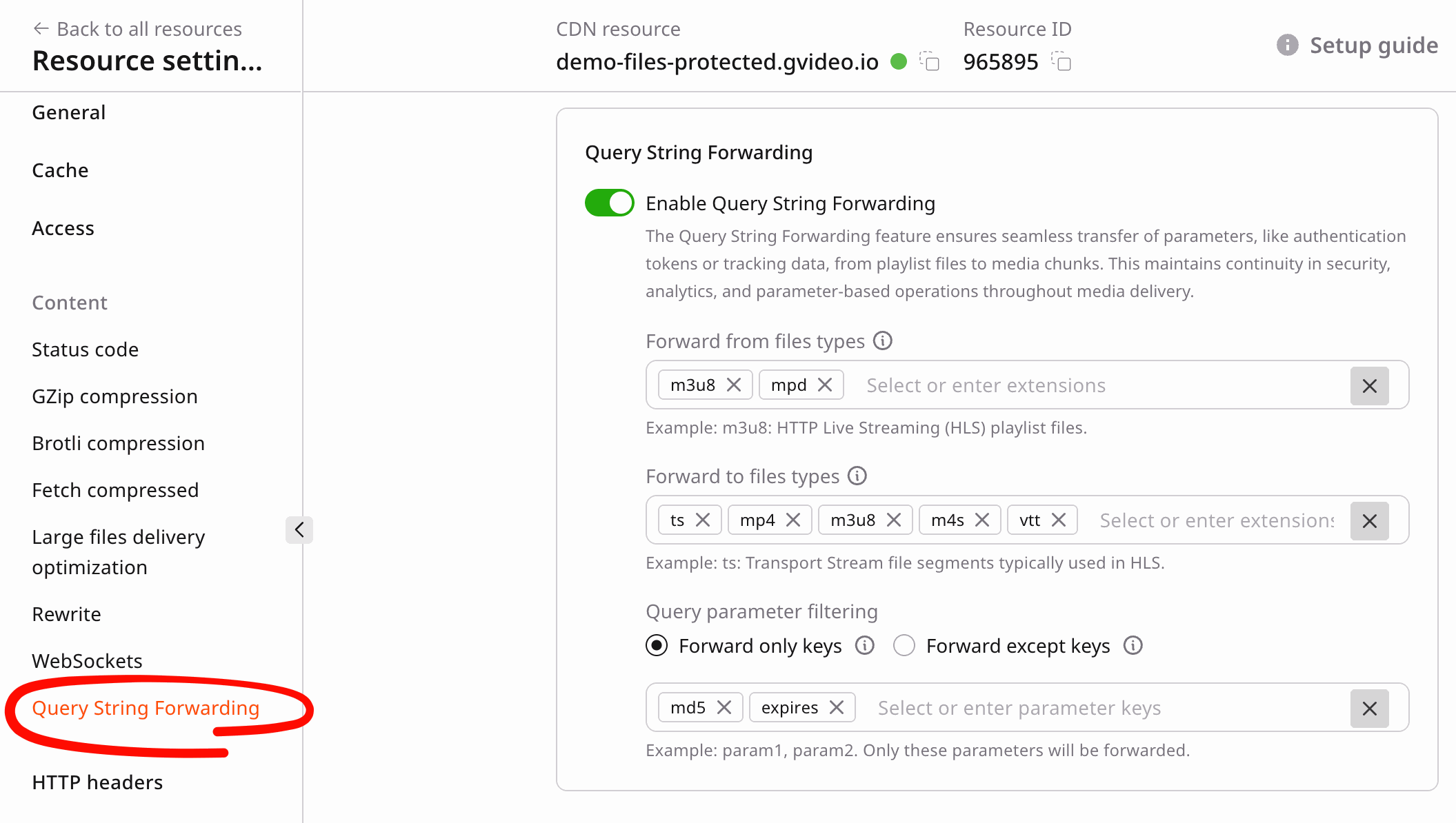 CDN Query String Forwarding settings