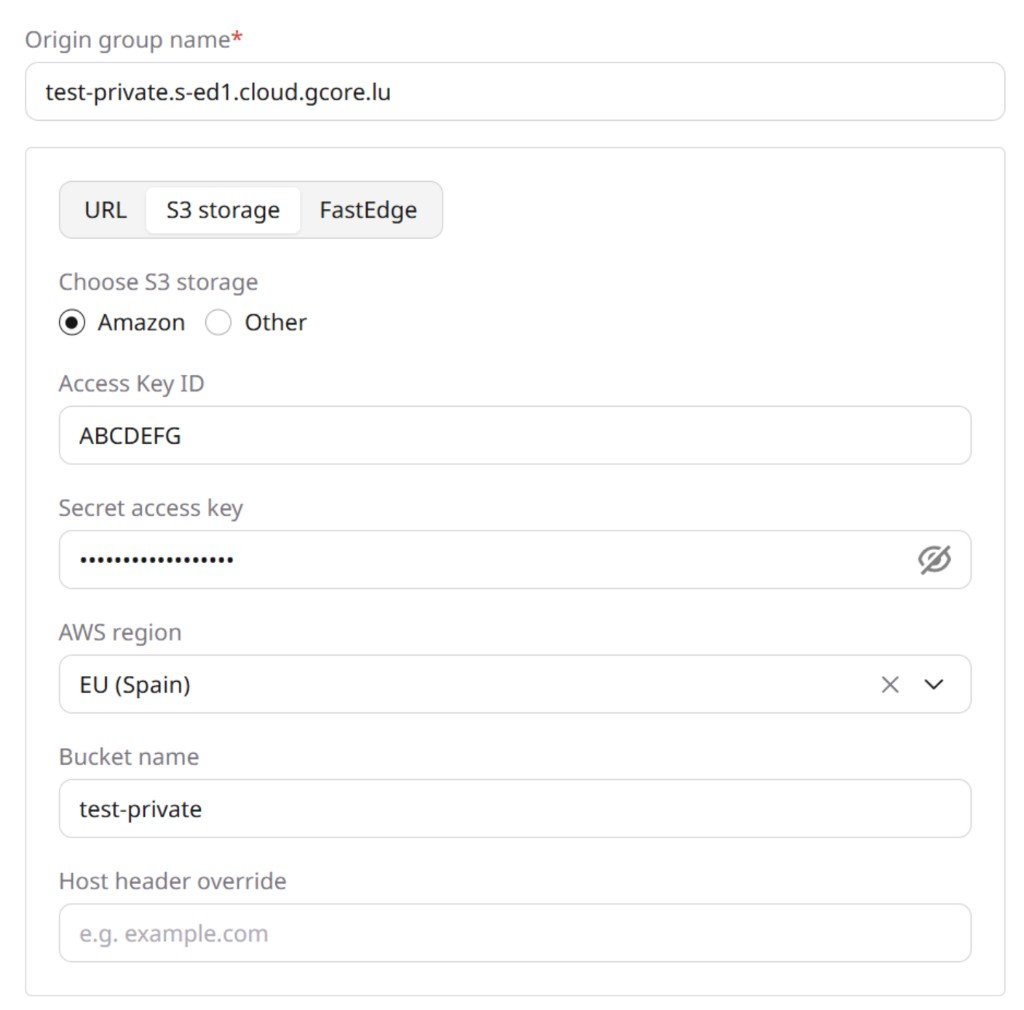 Origin group form with S3 storage tab selected, showing S3 type, Access Key ID, Secret access key, AWS region, Bucket name, and Host header override fields