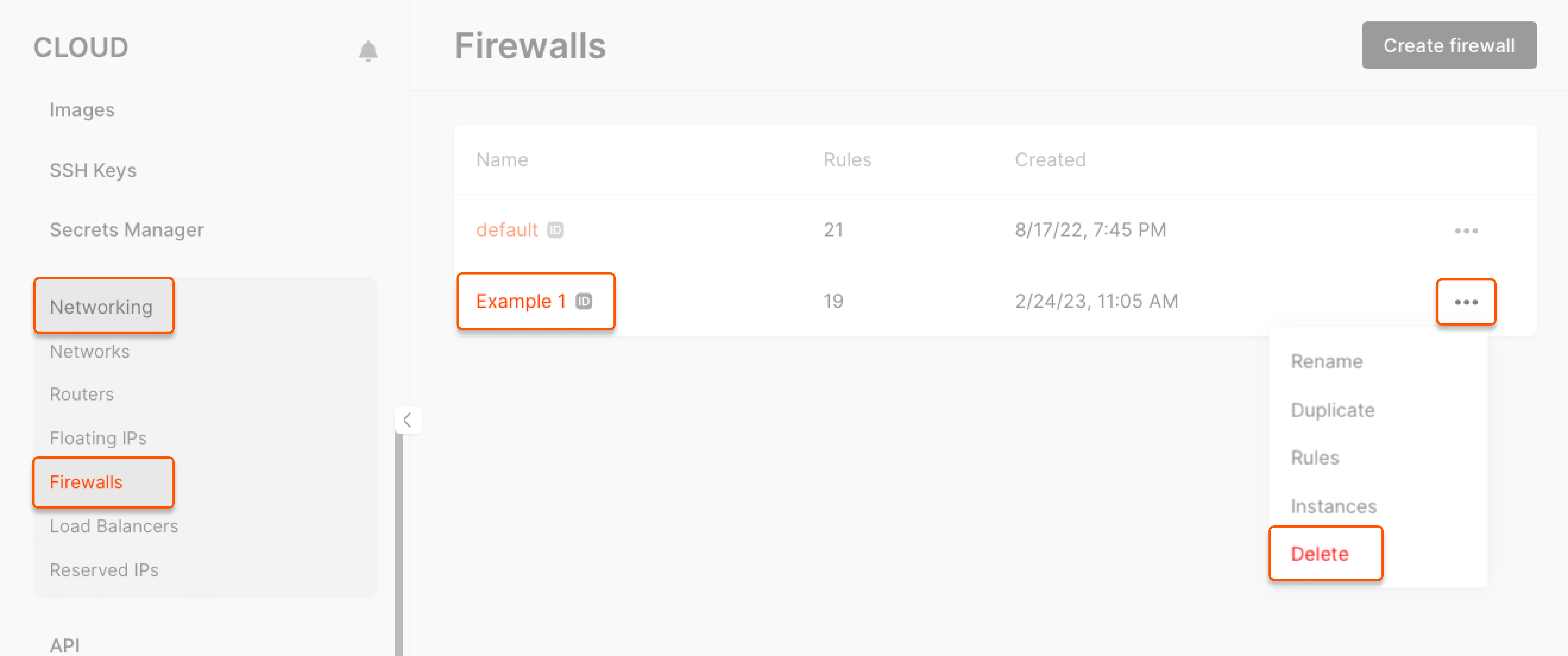 Delete a firewall