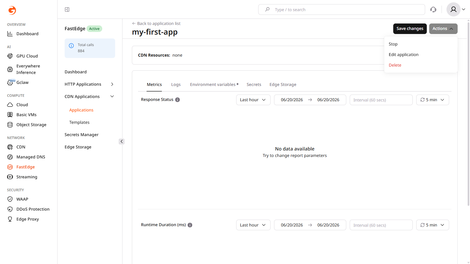 Application overview page with Actions menu showing Edit application option