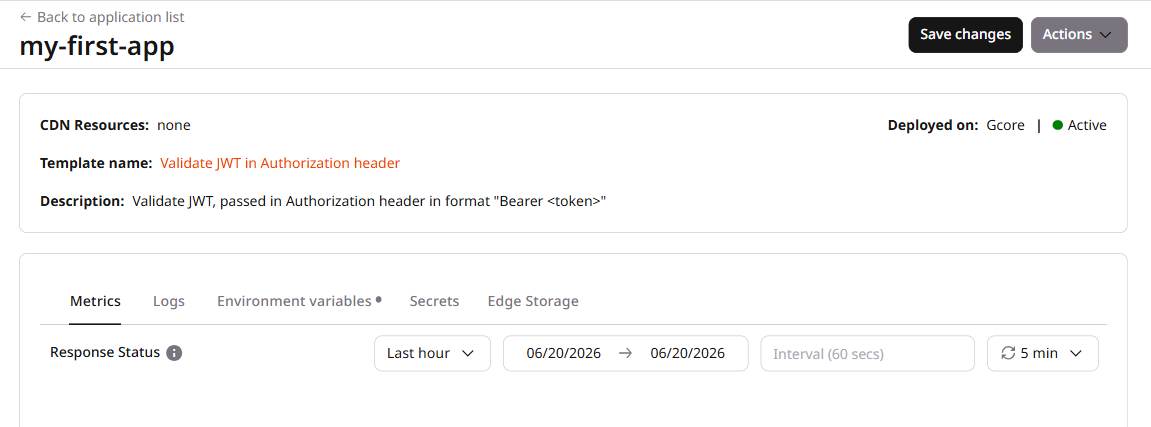 Application overview page showing active status