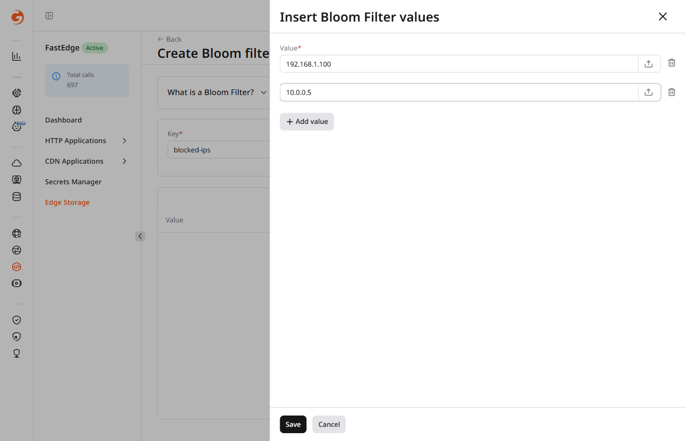 Insert Bloom Filter values panel with Value fields and Add value button