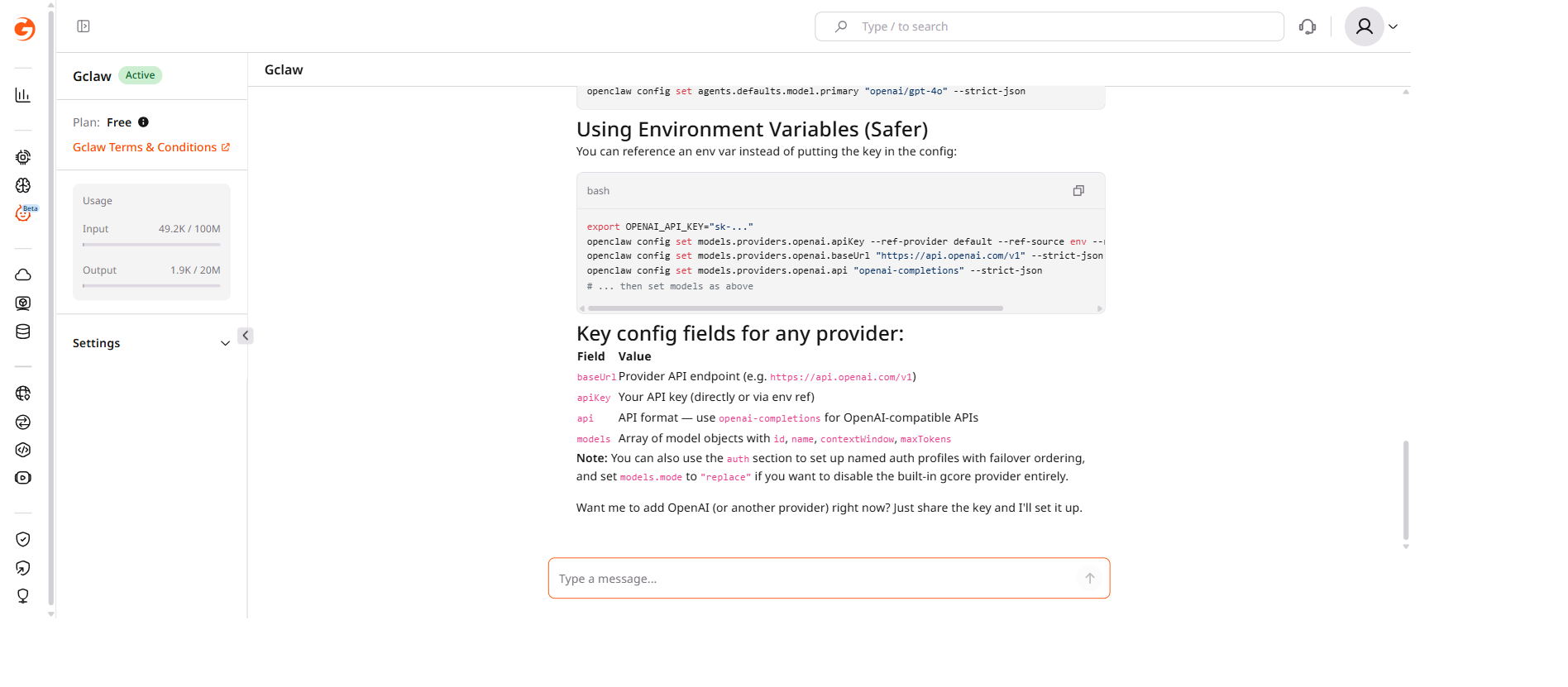 Gclaw chat showing API key configuration instructions with OpenAI setup example