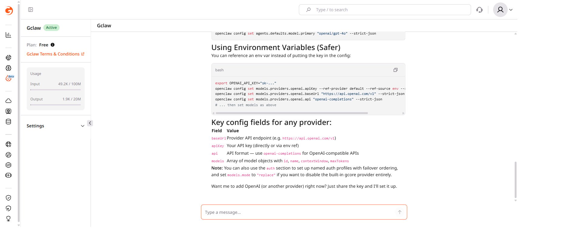 Gclaw chat showing API key configuration instructions with OpenAI setup example