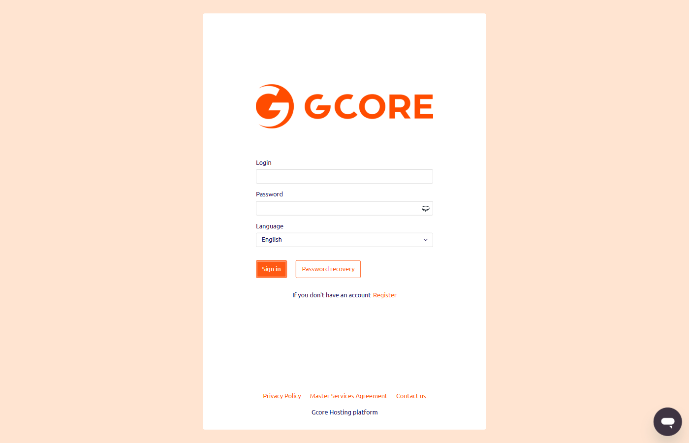 Hosting Portal login page with Login, Password, Language fields and Sign in button