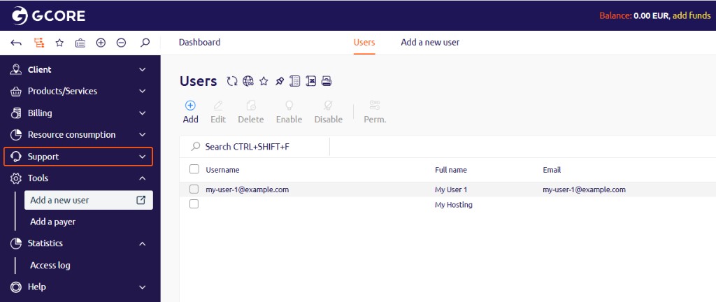 Users list showing sub-users added to the account