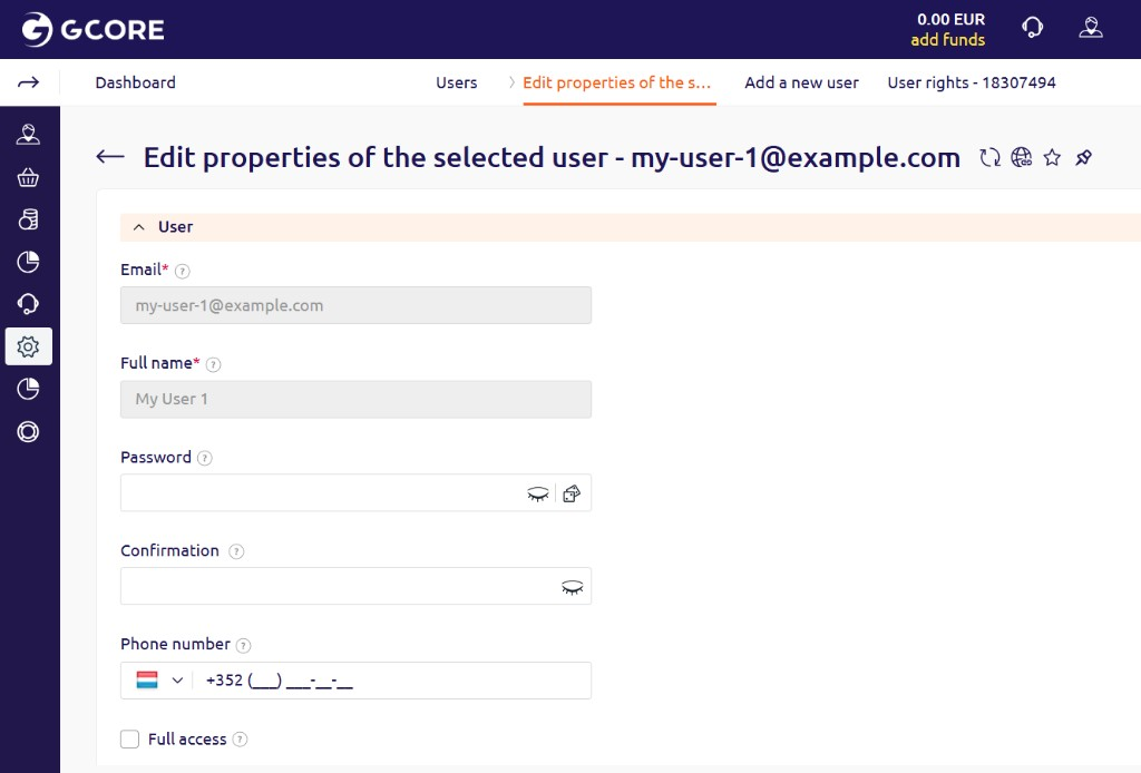 Edit user form showing Email, Full name, Password, and Full access checkbox fields
