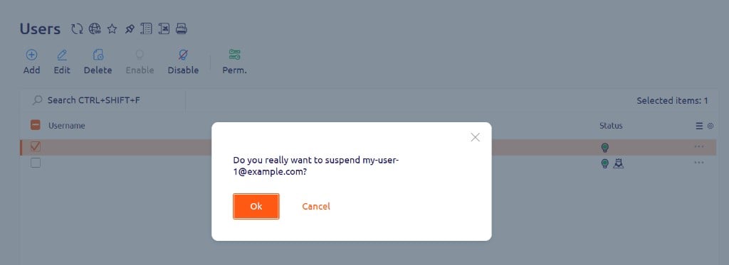 Confirmation dialog asking whether to suspend a user, with Ok and Cancel buttons