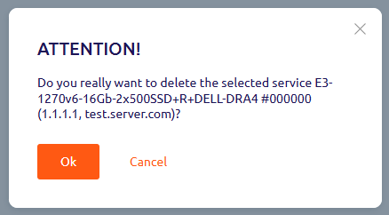 Confirmation dialog for deleting a dedicated server with OK and Cancel buttons