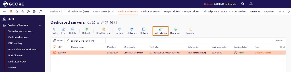 Instructions page showing the server IP address, username, and password
