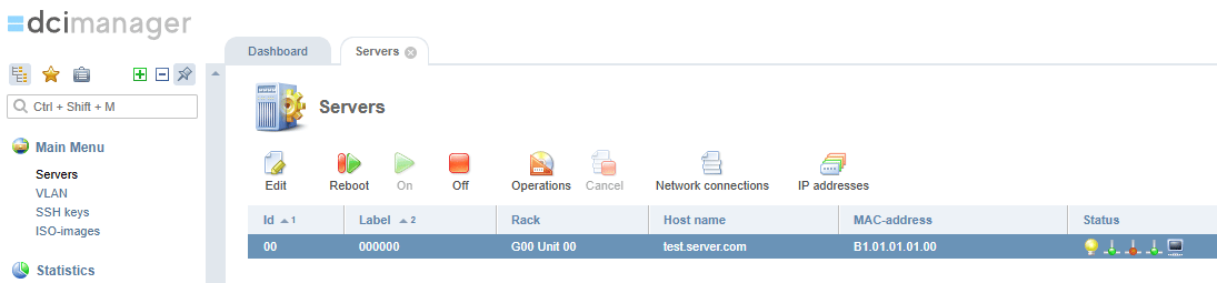 DCImanager Servers section showing available server actions