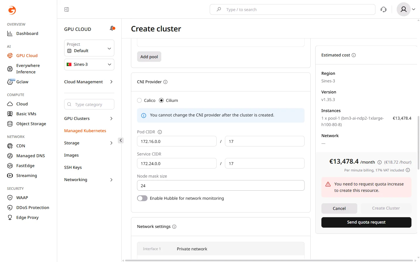 CNI provider section with Calico and Cilium options and CIDR configuration