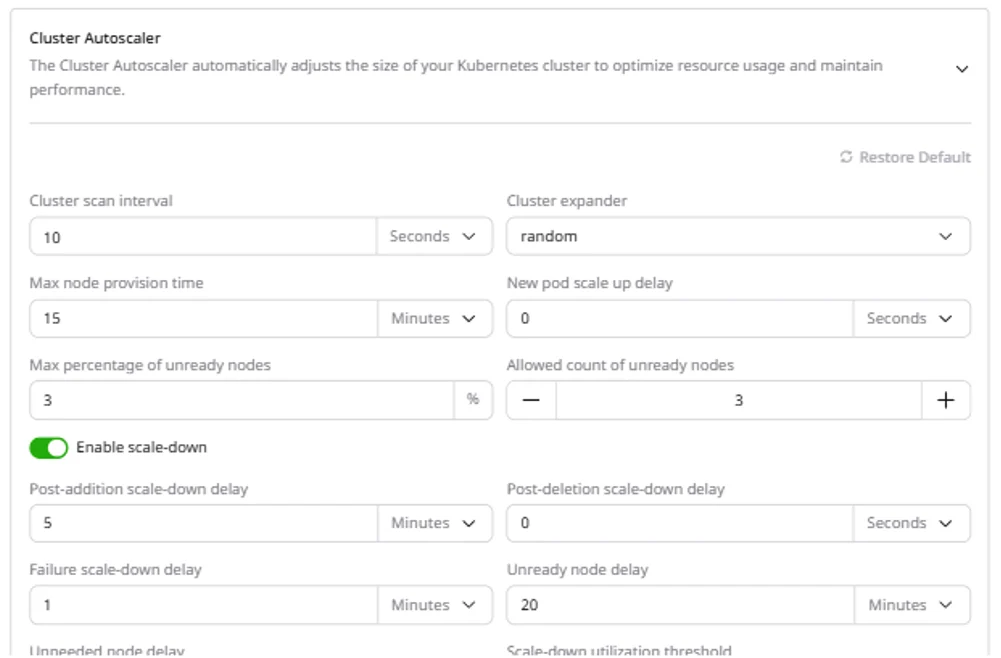 Cluster Autoscaler settings showing scan interval, expander, and scale-down parameters