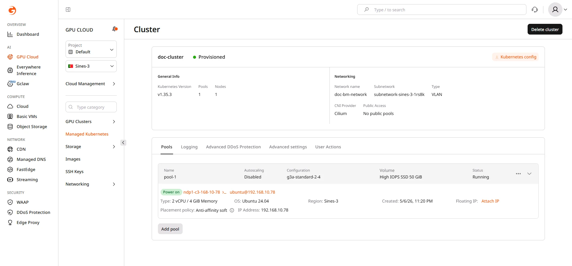 Cluster overview page with the Kubernetes config button highlighted