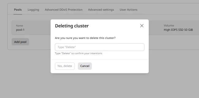 Delete cluster confirmation dialog requiring 'Delete' text input