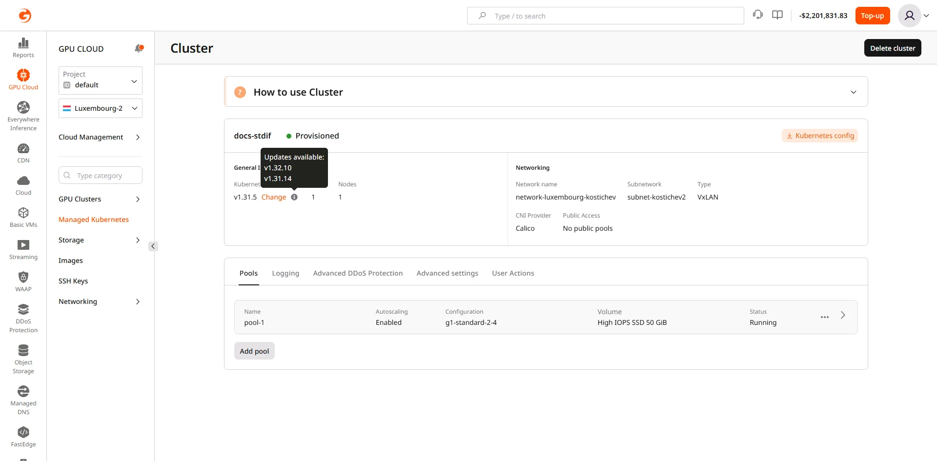 Kubernetes version upgrade prompt on the cluster overview page