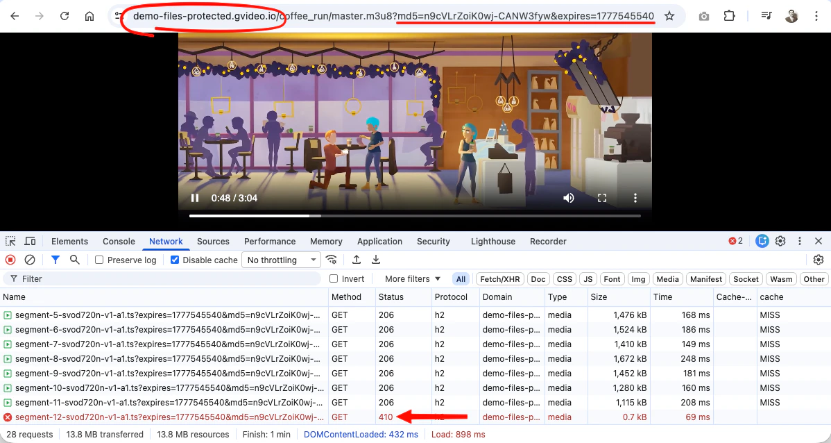 Expired secure token returns 410 for a video segment