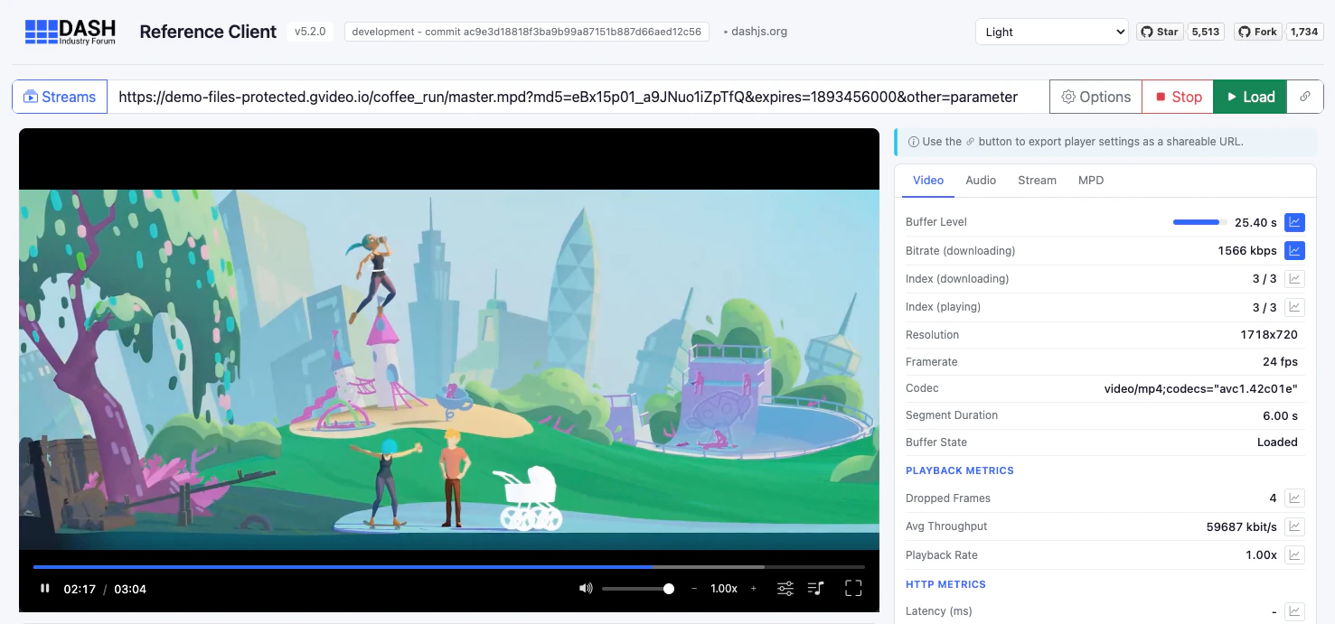 Protected MPEG-DASH stream opened in dash.js player