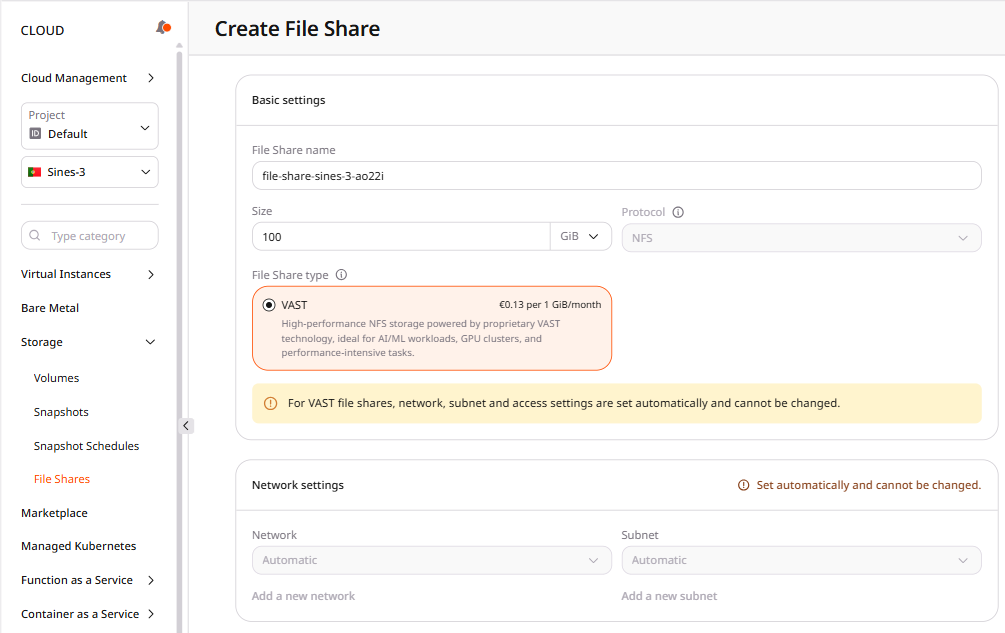 Create VAST file share form