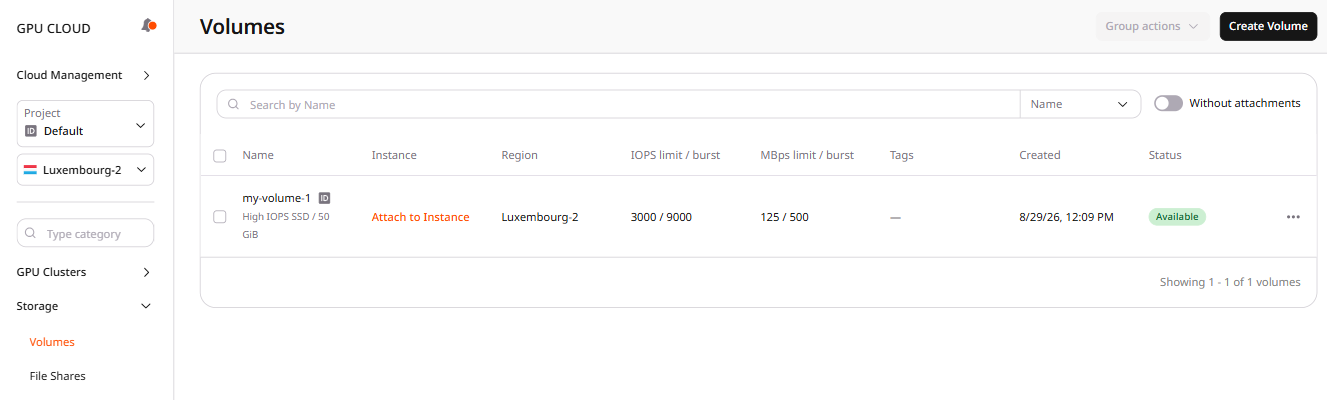 Volumes list showing the newly created volume