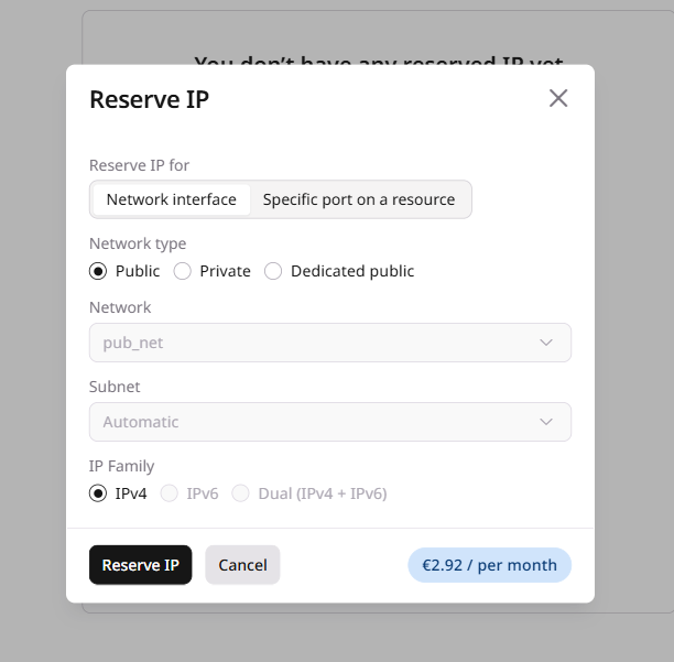 Reserve IP dialog showing the monthly price