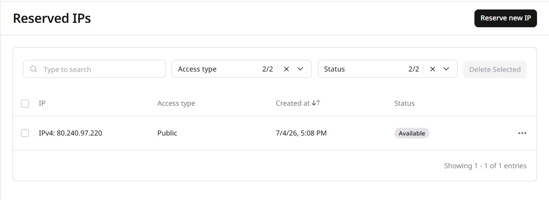 Reserved IPs page with Reserve new IP button