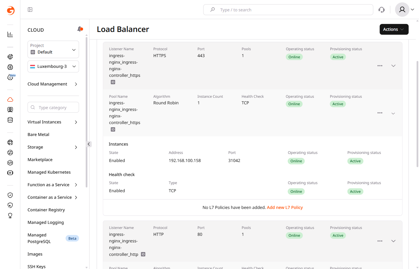 Listeners tab with instance settings