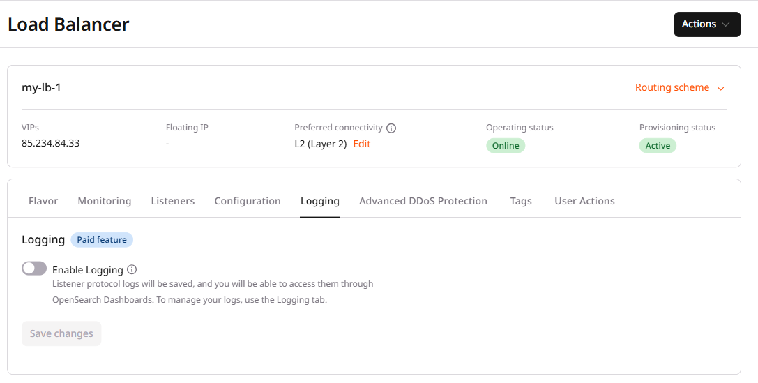 Logging tab with Enable Logging toggle off and Save changes button