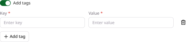 Add tags checkbox and key-value fields in the Additional options section during instance creation