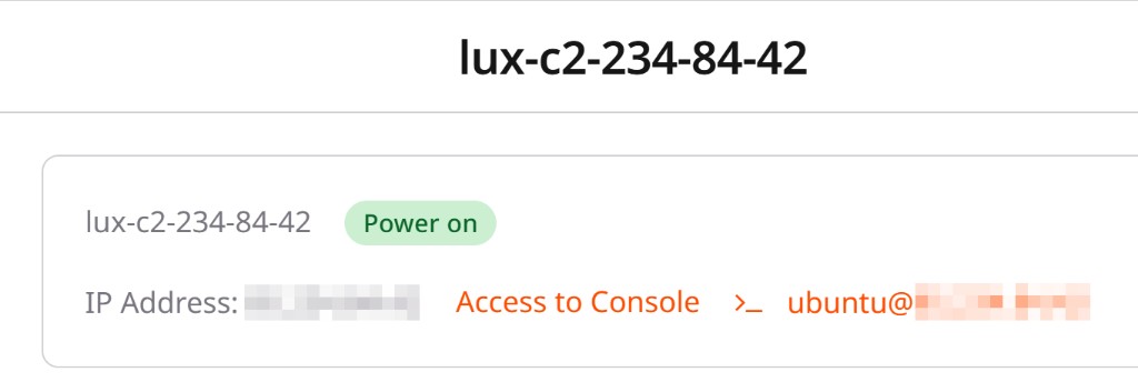 VM overview with IP address, Access to Console button, and SSH login link