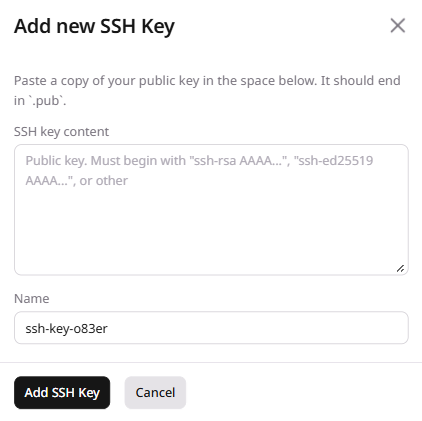 Add new SSH Key dialog with SSH key content and name fields