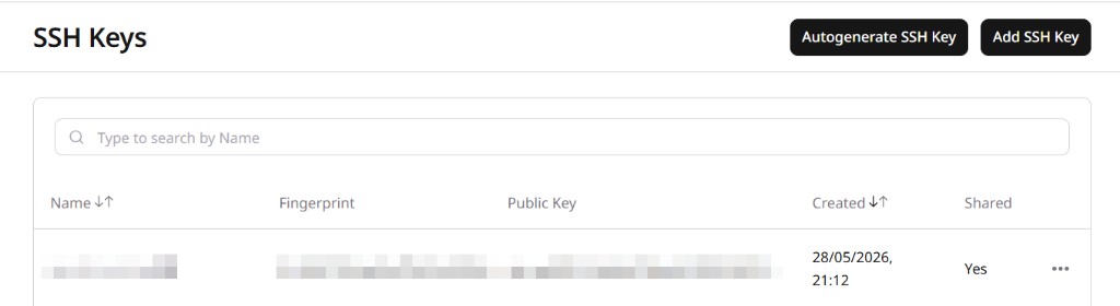 SSH Keys page in the Gcore Customer Portal with Autogenerate SSH Key and Add SSH Key buttons