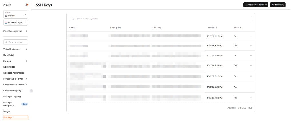 SSH Keys list in the Gcore Customer Portal