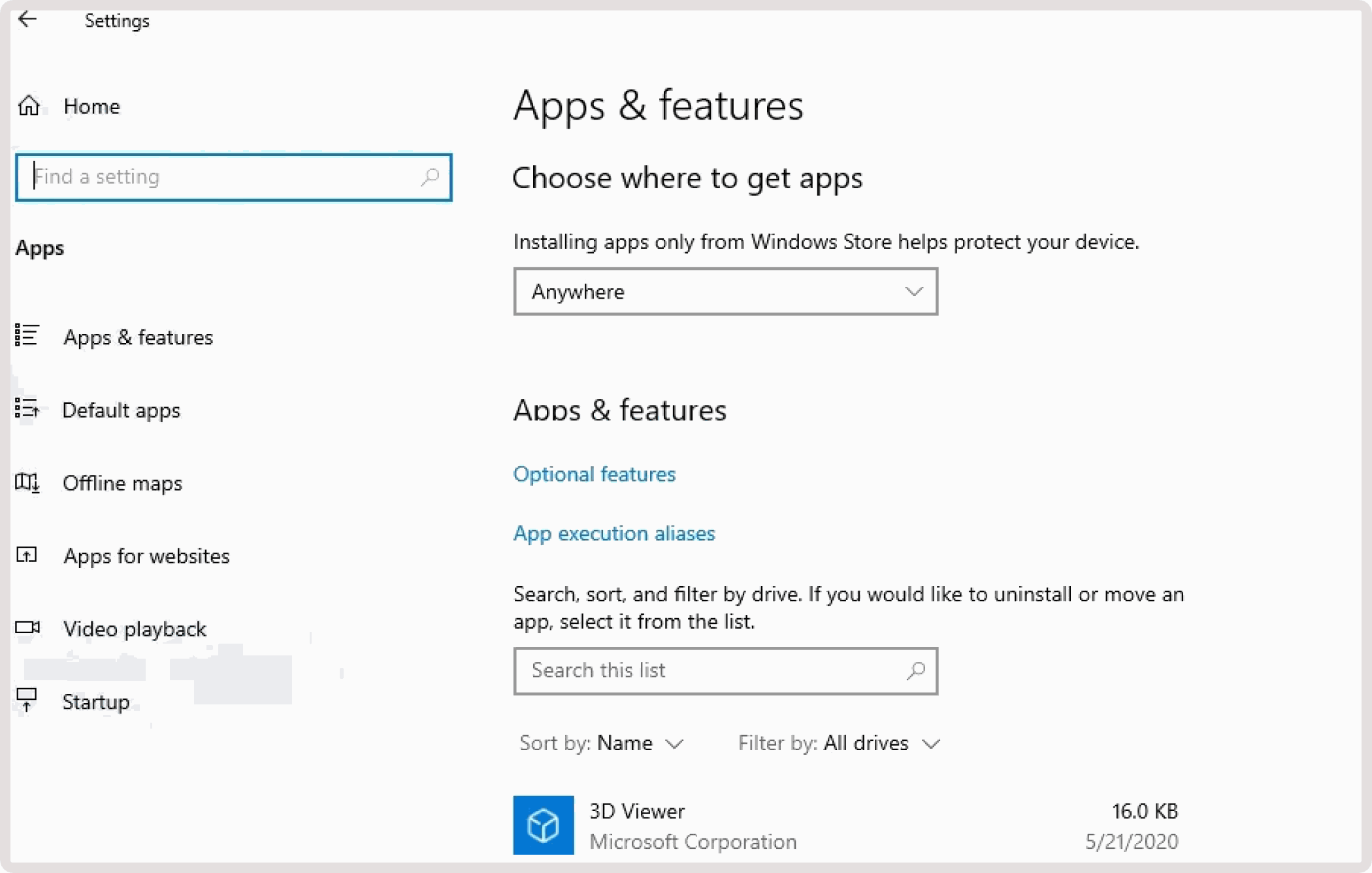 Windows Apps and features page showing Optional features link