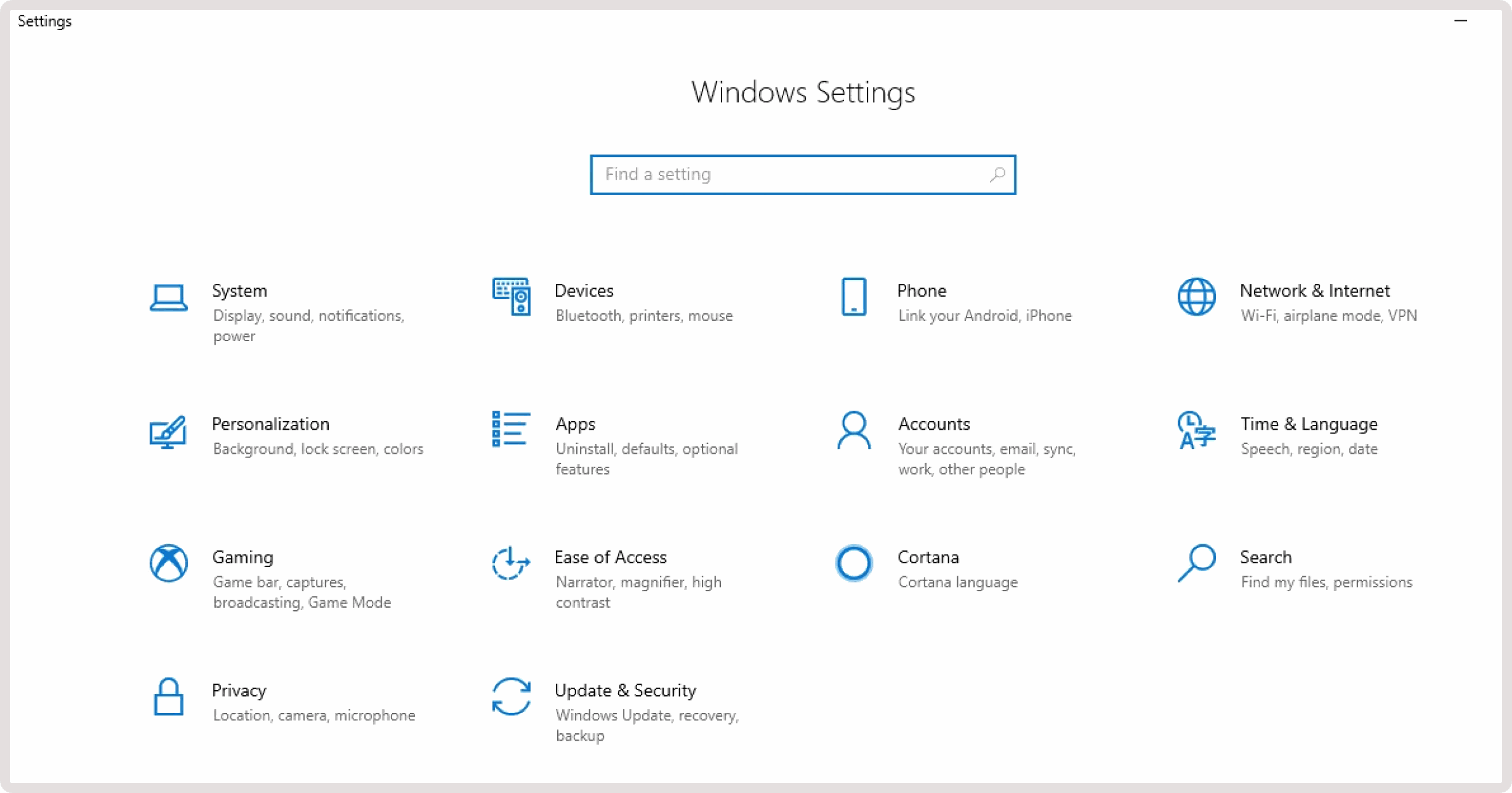 Windows Settings home page