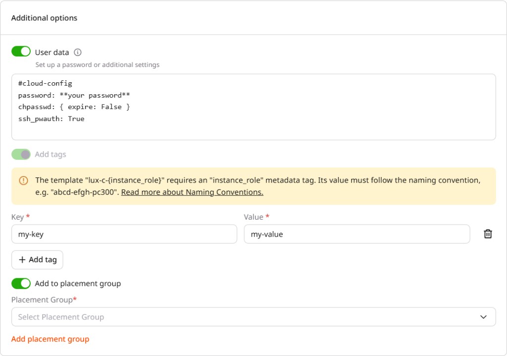 User data field with password configuration