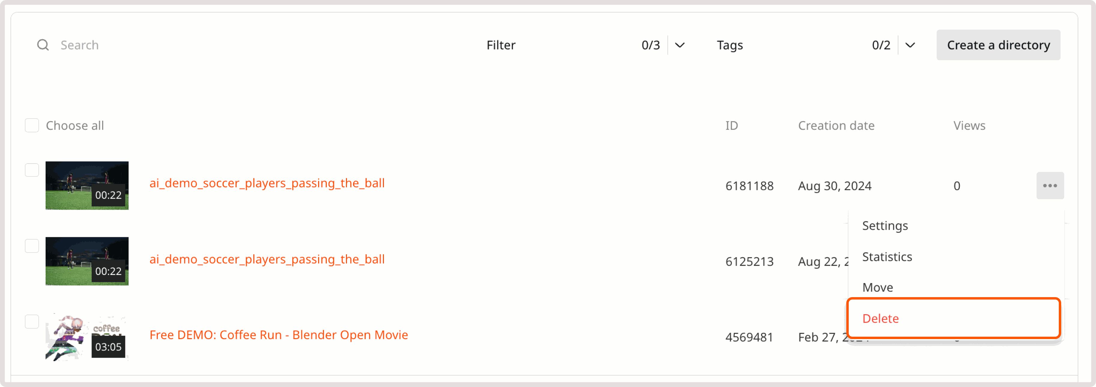 Delete video menu