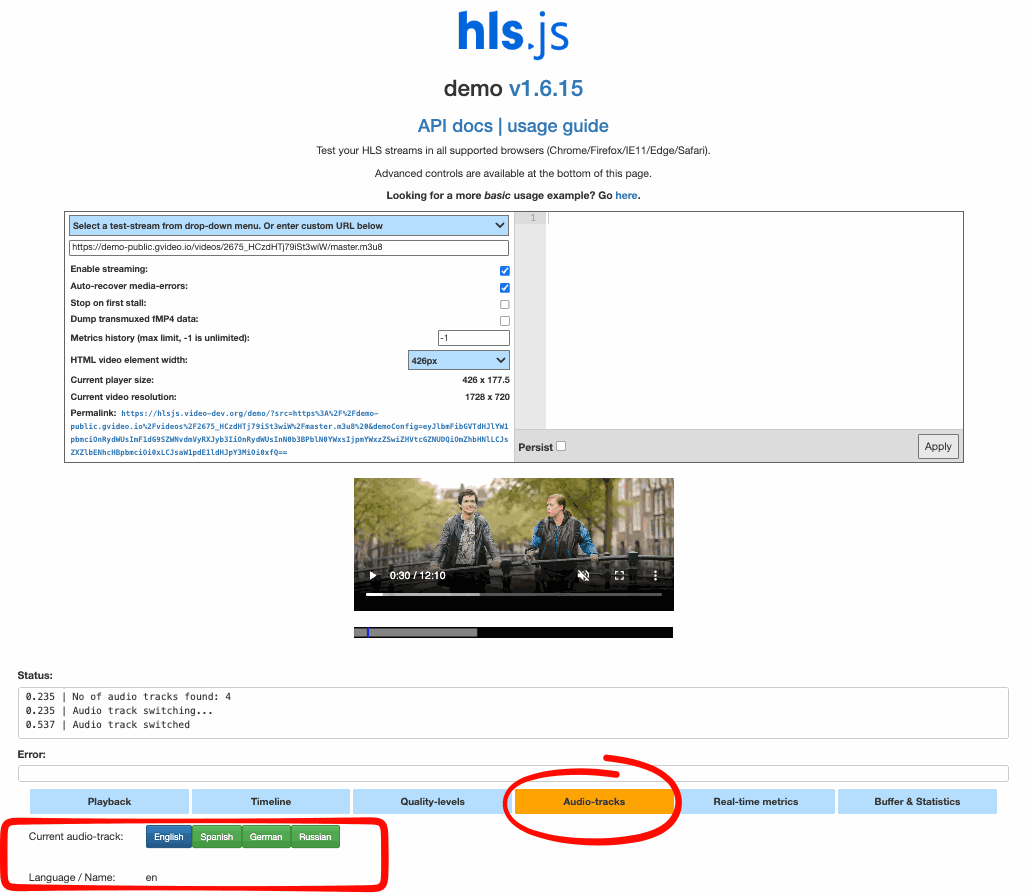 Example of playback in hls.js