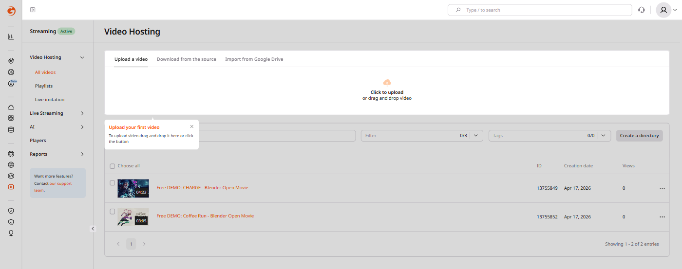 All Videos list in Gcore Video Hosting portal