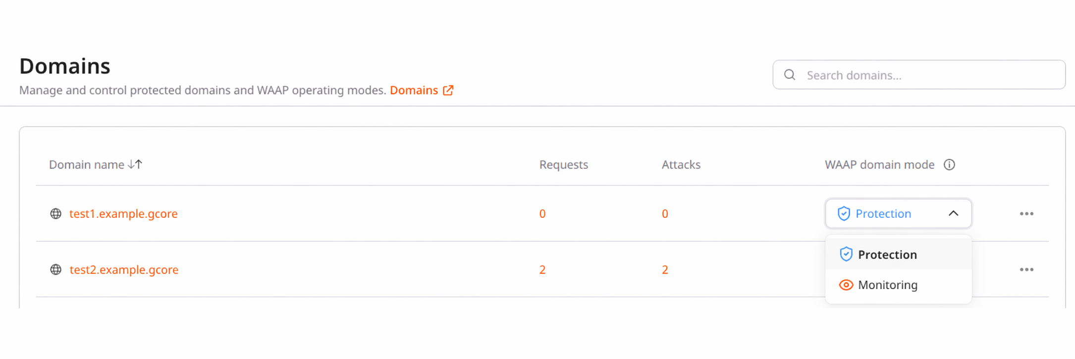 WAAP modes dropdown on Domains page